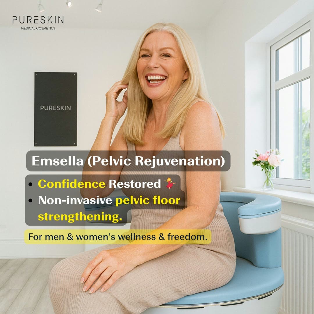 Smiling woman seated on the Emsella chair at PureSkin, Welbeck Street